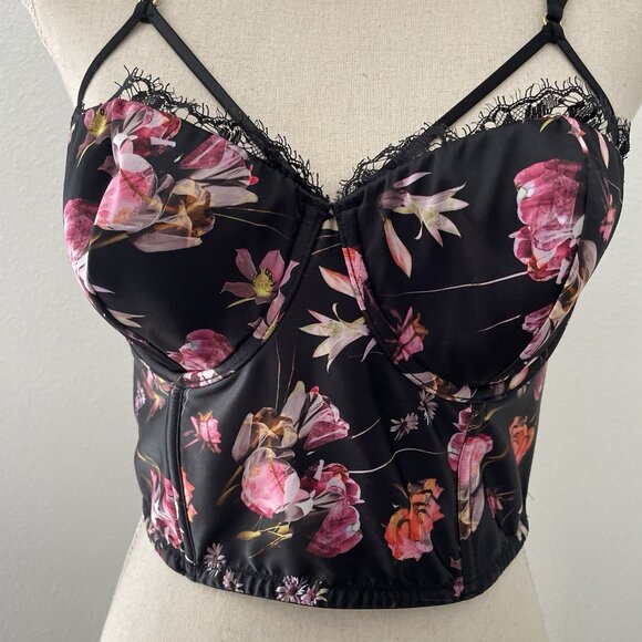VICTORIAS SECRET VERY SEXY BLACK FLORAL SATIN BUSTIER CORSET TOP 36C GUC - Picture 3 of 9